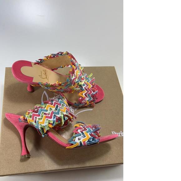 Meroine Pink Rainbow Woven 85mm raffia fringe heels mules D974 - Picture 9 of 11